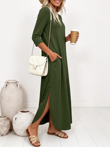 ANRABESS Women’s Air Layer 3/4 Sleeve Fall Maxi Dress & Pockets - color: Army Green, size: XX-Large