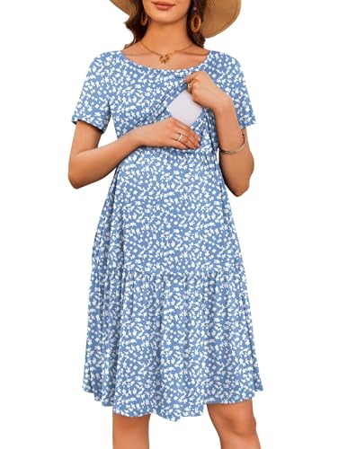 Maternity Dress Summer Short Sleeve Casual Nursing Dresses Breastfeeding - color: Light Blue Floral, size: XX-Large