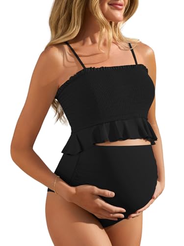 Summer Mae Maternity Swimsuit Ruffled Two Piece High Waist Bikini Swimwear - color: Black, size: Medium