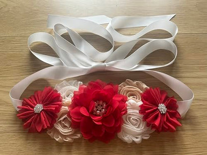 Flowers for Sashes Maternity Pregnancy Sash Belt for Baby Shower Wedding Bride - color: Red