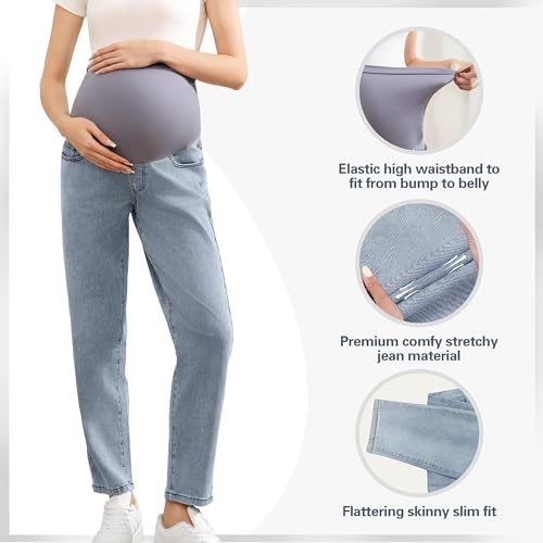 Women's Maternity Jeans Over Belly, Comfy Stretch Boyfriend Jeans, Loose Pregnancy Pants with Pockets - size: Small