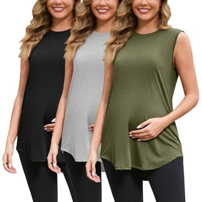 GINKANA 3 Pack Maternity Tank Tops Sleeveless Pregnancy Shirts Clothes - color: Black/Grey/Army Green, size: Medium
