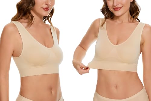 Women's Wireless Sleep Bras Unpadded Seamless Comfort Bras Throw-on Wirefree Bralettes 3 Pack - color: 1*beige, size: Medium