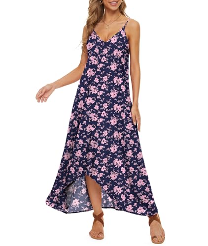 LILBETTER Women V-Neck Polka Dot Print Spaghetti Strap Boho Long Maxi Dresses - color: Navy Blue Pink, size: Small