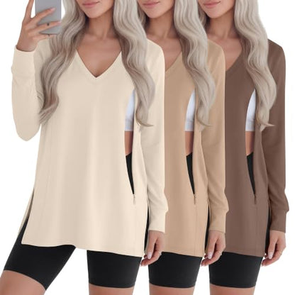 3 Pack Women's Nursing Breastfeeding Long Sleeve Shirts - color: Cream, Khaki, Light Brown, size: Large
