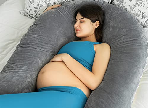 QUEEN ROSE 65 Inch U Shaped Pregnancy Body Pillow for Sleeping,Gray Velvet - color: Grey