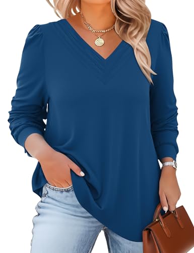 TFSDOD Plus Size Tops for Women Long Sleeve V Neck Shirts Dressy Casual Blouse Loose Fit Basic Tee Tshirt(1X-5X) - color: Blue, size: 5X-Large Plus