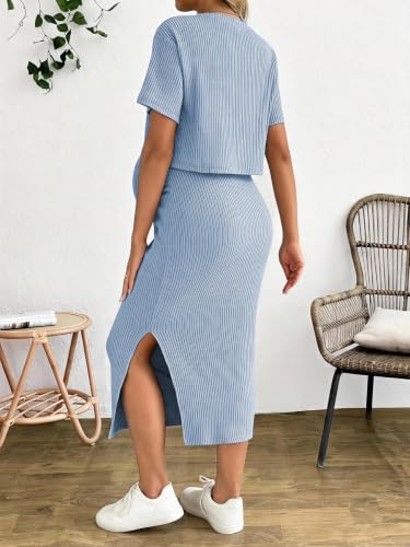 SHENHE Women's Maternity Ribbed 2 Piece Outfits Crop Top Bodycon Midi Skirt - color: Blue, size: Medium