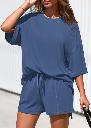 KIRUNDO 2 Piece Sets for Women Summer Lounge Sets Casual - color: Blue, size: Large