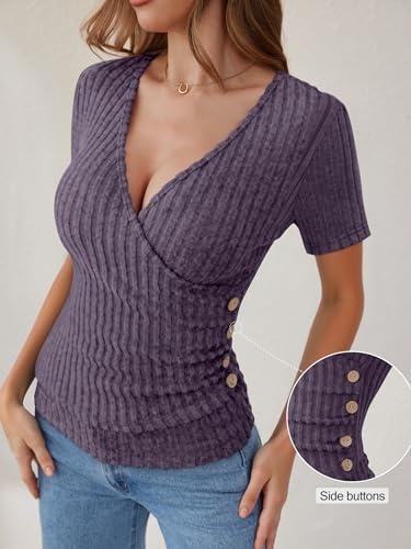 ANRABESS Women Short Sleeve V Neck Shirts - color: Purple, size: Medium