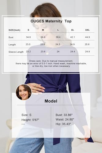OUGES Women's Bow Tie Waist Maternity Shirts Long Sleeve Pregnancy Tops Crew Neck Fall Winter Elegant Business Blouse - color: Navy, size: Small
