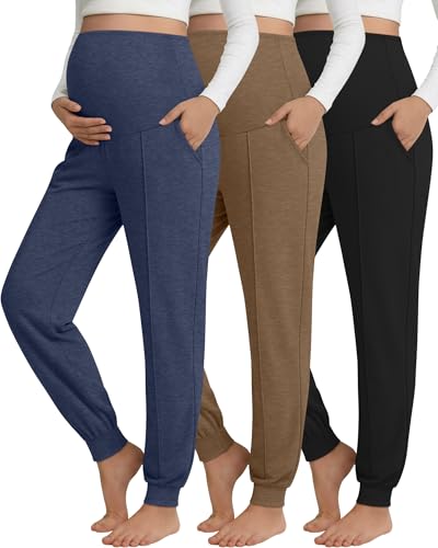 Oakgarden 3 Pack Women's Maternity Pants Over the Belly Joggers - color: Black, Mocha, Haze Blue, size: Medium