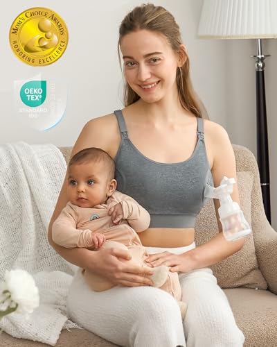 Momcozy Hands Free Pumping & Nursing Bra, Adjustable Cotton Breast Pump Bra - color: Grey, size: Medium
