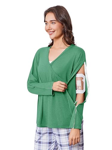 Deyeek Women's Post Shoulder Surgery Shirts Long Sleeve V-Neck Wrap Chemo Blouse Easy Access Adaptive Snap On Dialysis Shirts - color: Green, size: X-Large