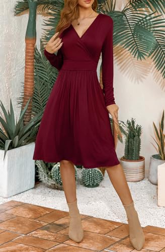 WEACZZY Women's Long Sleeve V Neck Casual Fall Dresses with Pockets - color: 01 Long Sleeve Wine Red, size: Medium