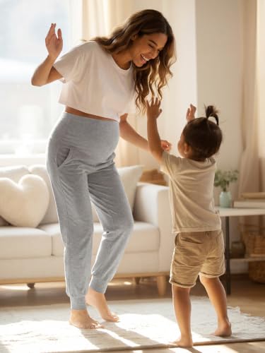 Summer Mae Viscose Maternity Jogger Pants Pregnancy Lounge Pant with Pocket - color: Light Grey, size: Medium