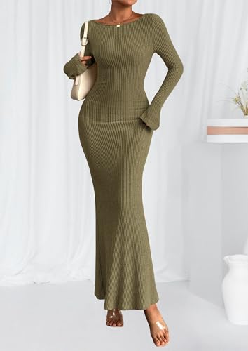 PRETTYGARDEN Women's Fall Long Sleeve Bodycon Maxi Dresses - color: Army Green, size: Medium