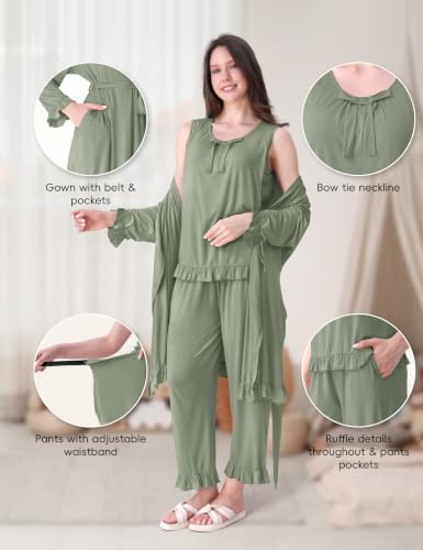 SUNNYBUY 3 PCS Ruffle Maternity Nursing Pajamas Set & Robe for Postpartum - color: Sage Green, size: X-Large