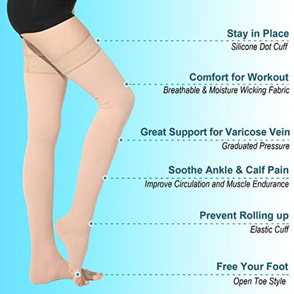 Medical Thigh High Compression Socks 20-30 mmHg for Women,Open Toe - color: Open Toe Beige, size: Medium