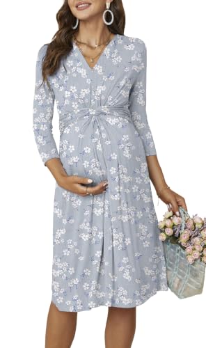Fall Maternity Midi Dress V Neck 3/4 Sleeve Baby Shower - color: White Flowers, size: Small