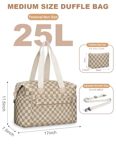 Pritent Travel Duffle Bag, Weekender Overnight Personal Item Carry On Bag - color: Khaki Square Grid, size: Medium