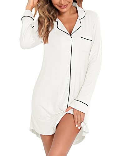 Samring Nightgowns for Women Long Sleeve Button Down Night Gown Sleepshirts - color: White, size: Large