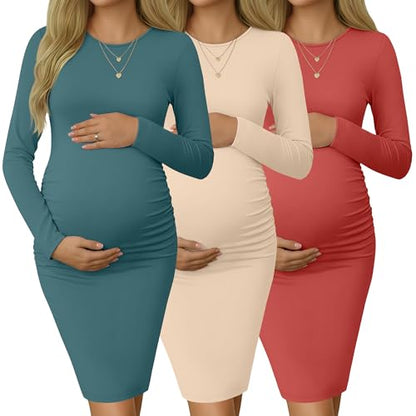 Riyiper 3 Pack Women's Long Sleeve Maternity Dresse - color: Dark Blue Green, Apricot, Orange Red, size: XX-Large