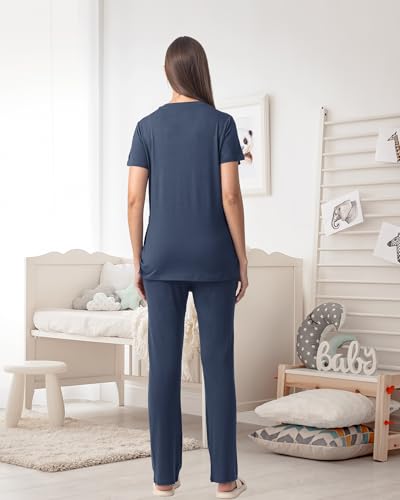 Rnxrbb 3 Piece Maternity Nursing Pajamas Set for Women Postpartum Pjs - color: Navy, size: Medium
