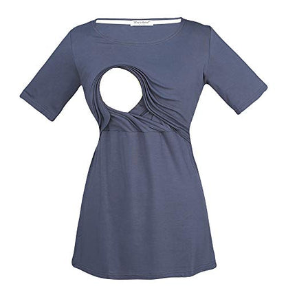 Bearsland Women's 3 Packs Maternity Nursing Tops Short Sleeve Breastfeeding Shirts - color: Black+grayblue+blackwhite Stripe(3pcs), size: Medium