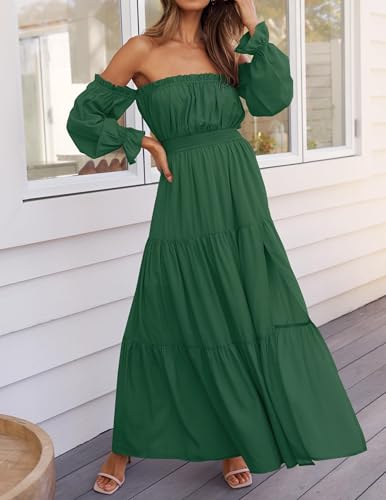 ZESICA Womens Fall Long Sleeve Boho Off Shoulder Maxi Dresses - color: Dark Green, size: Large