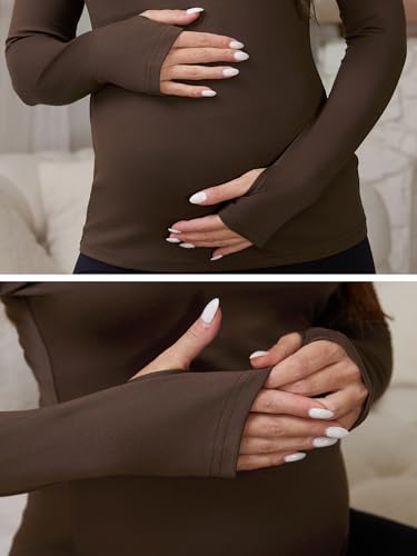 Women Maternity Stretchy Fitted Crew Neck Long Workout Tops - color: Brown, size: X-Large