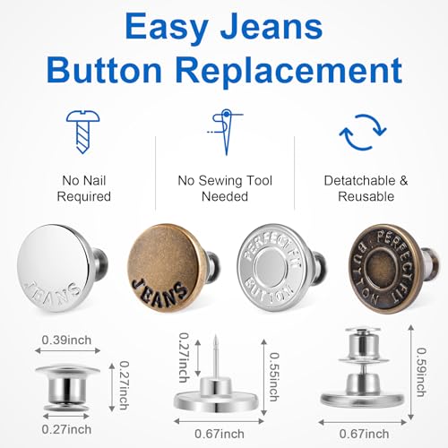 Ceryvop 12 Set Jean Buttons for Loose Jeans, No-Sew Button Pins for Pants Replacement - color: Multicolor