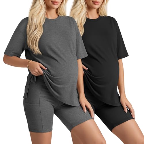 Huukeay 2 Pack Women Maternity Set Pregnancy Outfits - color: Dark Heather Gray, Black, size: Medium