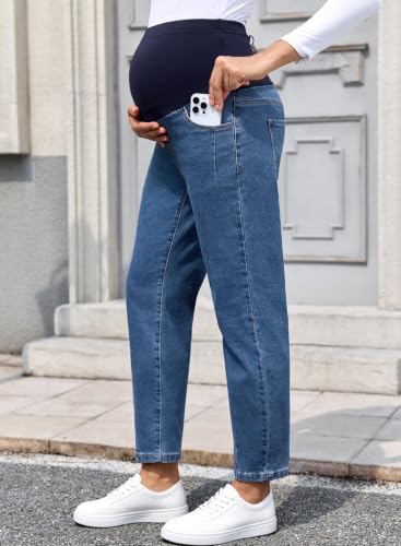 BLENCOT Maternity Jeans Over Belly Straight Leg High Waist Pregnancy Pant - color: Real Teal, size: Medium