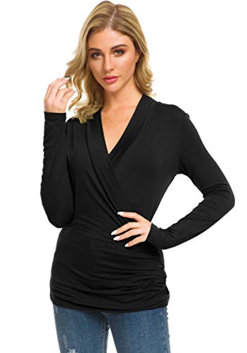 Afibi Womens Slim Fitted Deep V Neck Cross Wrap Top Long Sleeve T-Shirts - color: Black, size: Medium