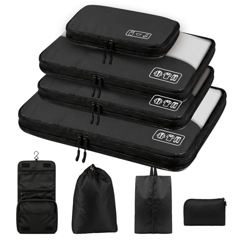 Compression Packing Cubes for Travel, 8-Piece Luggage Organizers Space-Save - color: Black-8 Set