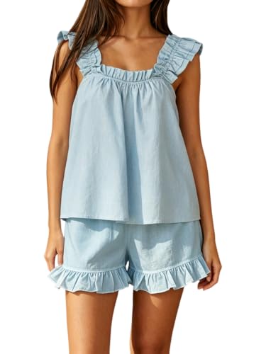 Women's Summer Pajama Set Cotton Ruffle Loungewear Sets - color: Blue, size: Small
