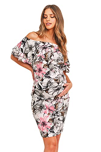 LaClef Women's Off Shoulder Maternity Dress with Double Ruffle - color: Cream / Pink Flower, size: Large