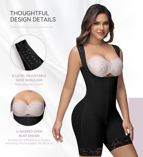 SHAPSHE Fajas Colombianas Moldeadoras Open Bust Full Body Shaper with Bones - color: Black(one Size Larger May Be Better), size: XX-Large