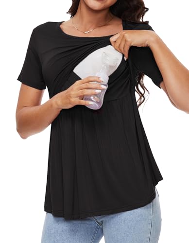 Sosolism Women's Maternity Nursing Shirts for Breastfeeding Ruched S-XXL - color: Black, size: Medium