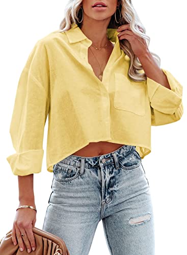 LAYOGAS Womens Crop Button Down Shirts Casual Long Sleeve Lapel Blouse - color: 05-yellow, size: Medium