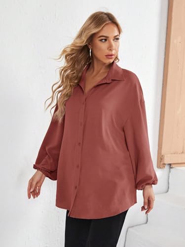 MakeMeChic Women's Maternity Blouse Long Sleeve Belted Button Down Tops - color: Redwood, size: Large
