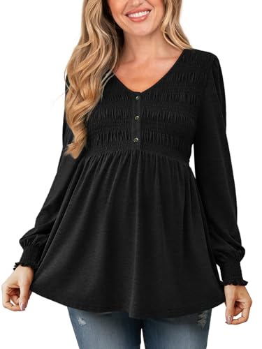 FMEYOA Maternity Tops V Neck Puff Sleeve Smocked Button Maternity Shirts - color: Black, size: Medium