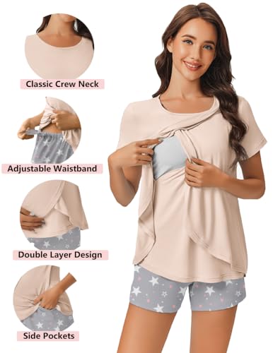Ekouaer 3 PCS Maternity Nursing Pajamas Set Postpartum Breastfeeding PJS - color: Champagne Print, size: Medium