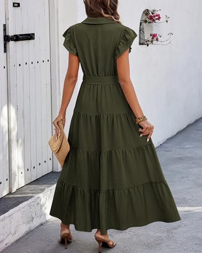 dowerme Women Ruffle Sleeve Button Belted Boho Maxi Dress - color: Army Green, size: Medium