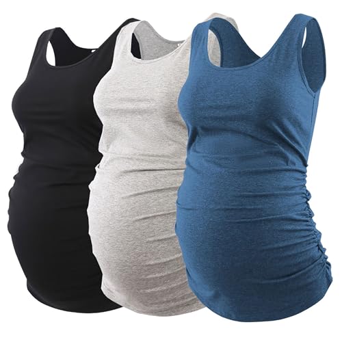 Ecavus 3 Pack Maternity Tank Tops Side Ruched Pregnancy Shirts for Women - color: Black/Grey/Blue, size: Medium