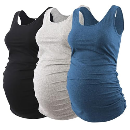 Ecavus 3 Pack Maternity Tank Tops Side Ruched Pregnancy Shirts for Women - color: Black/Grey/Blue, size: Medium