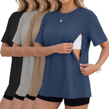 4 Pack Nursing Breastfeeding Shirts - color: Haze Blue, Khaki, Light Gray, Black, size: Small