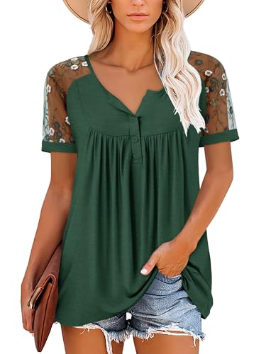 ROSELINLIN Womens Ruffle Sleeve Tunic Tops V Neck Loose Fit Short Sleeve Summer Shirts - color: Lace Sleeve Greenflo, size: Medium