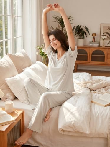 OUGES Women's Pajama Sets Lyocell Cotton Lounge Set Short Sleeve Soft Loungewear Casual Summer Travel 2 Piece Outfits - color: Beige Grey, size: X-Large